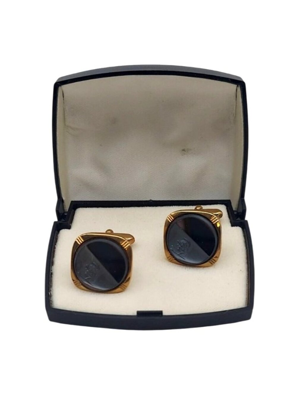 Intaglio Cufflinks Hematite Gold Tone Roman Soldier & Gift Storage Box Vintage